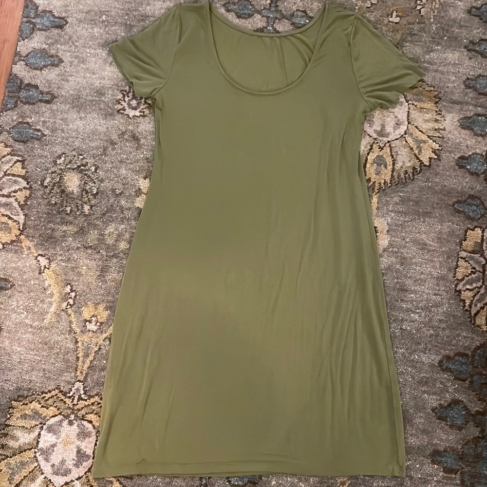 Olive colored t-shirt dress by Daily Ritual.